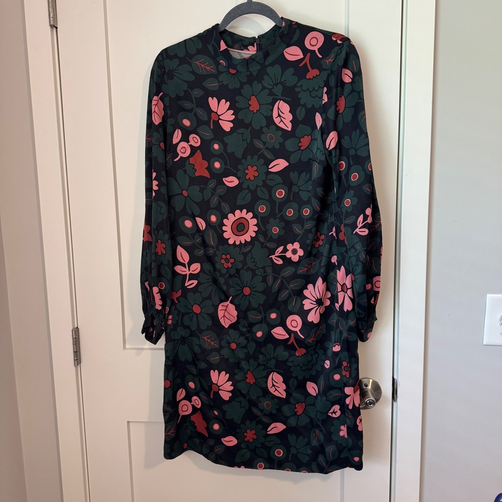 Boden Floral Mock Neck Shift Dress Green Pink Long Sleeve Mod Retro Size US 8L
